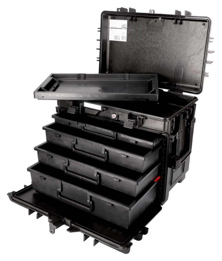 Cajas para herramientas rígidas con ruedas, mango telescópico y 4 cajones 150 L