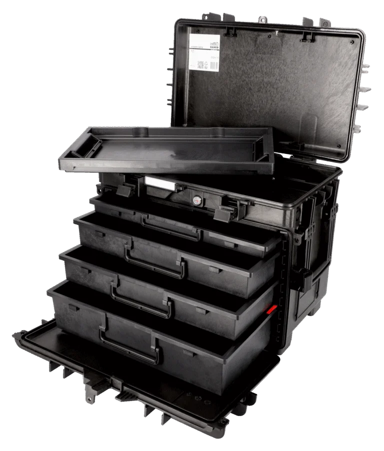 Cajas para herramientas rígidas con ruedas, mango telescópico y 4 cajones 150 L